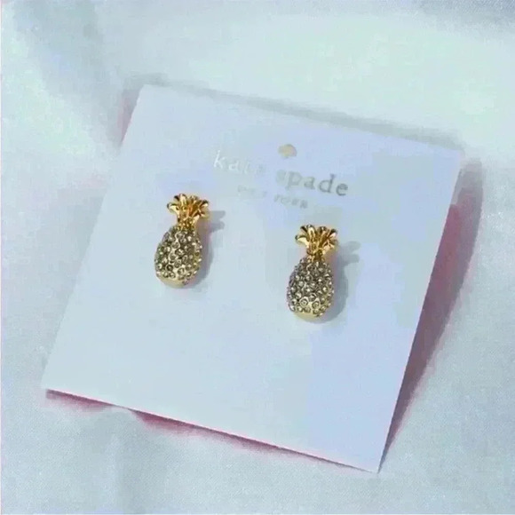 NWT Kate Spade By The Pool Pave Pineapple Stud Dainty Mini Earrings 14k Gold - Picture 6 of 7